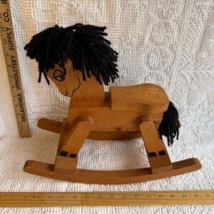 Wooden Rocking Horse Toy with Black Yarn Mane